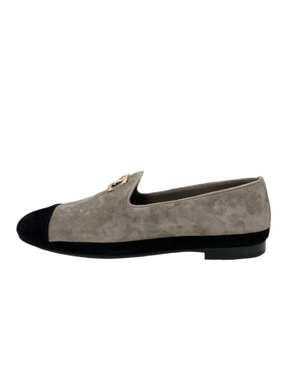 Chanel Flat Shoes Suede Gray Black Gold Coco Mark Loafers - Picture 3 of 10